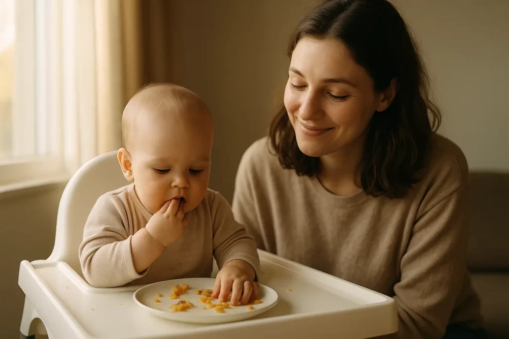 Madre acompañando al bebé durante el BLW con comida segura