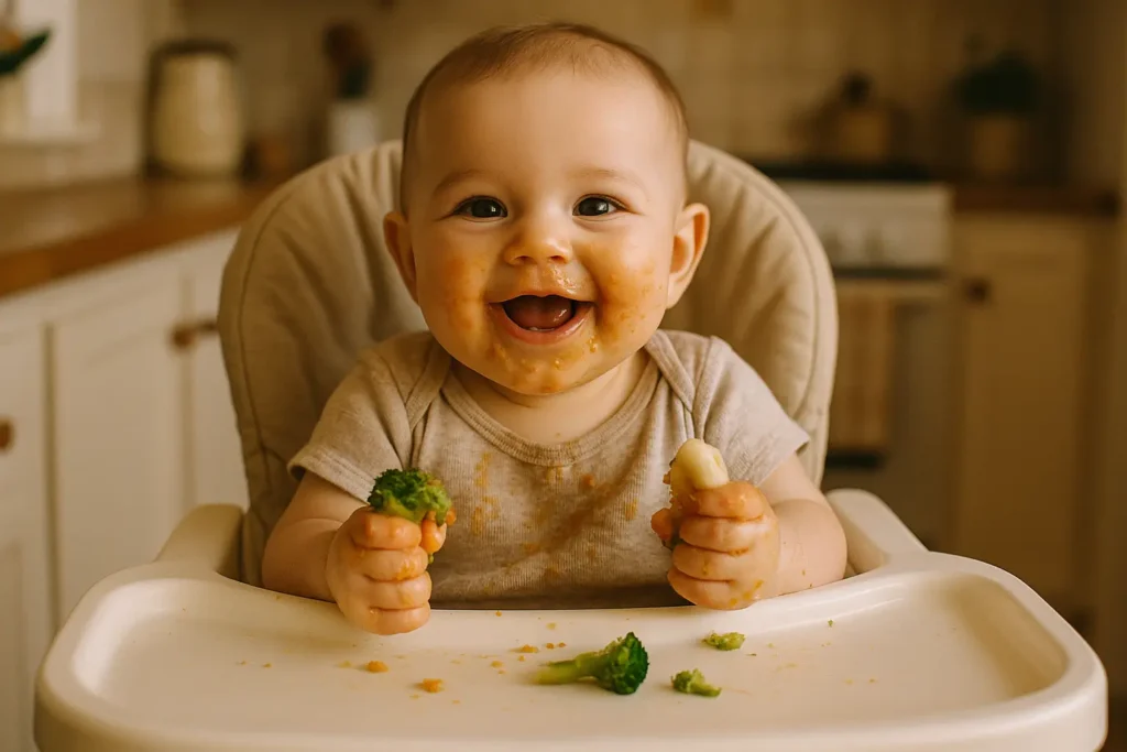 Bebé practicando BLW con brócoli en una trona, alimentación complementaria