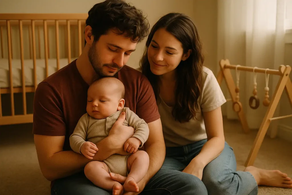 Padres primerizos con su bebé y productos útiles para el primer año del bebé en un entorno cálido y natural