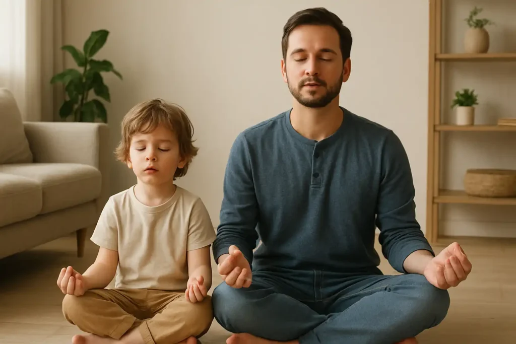 Padre e hijo practicando respiración consciente como parte de la crianza consciente